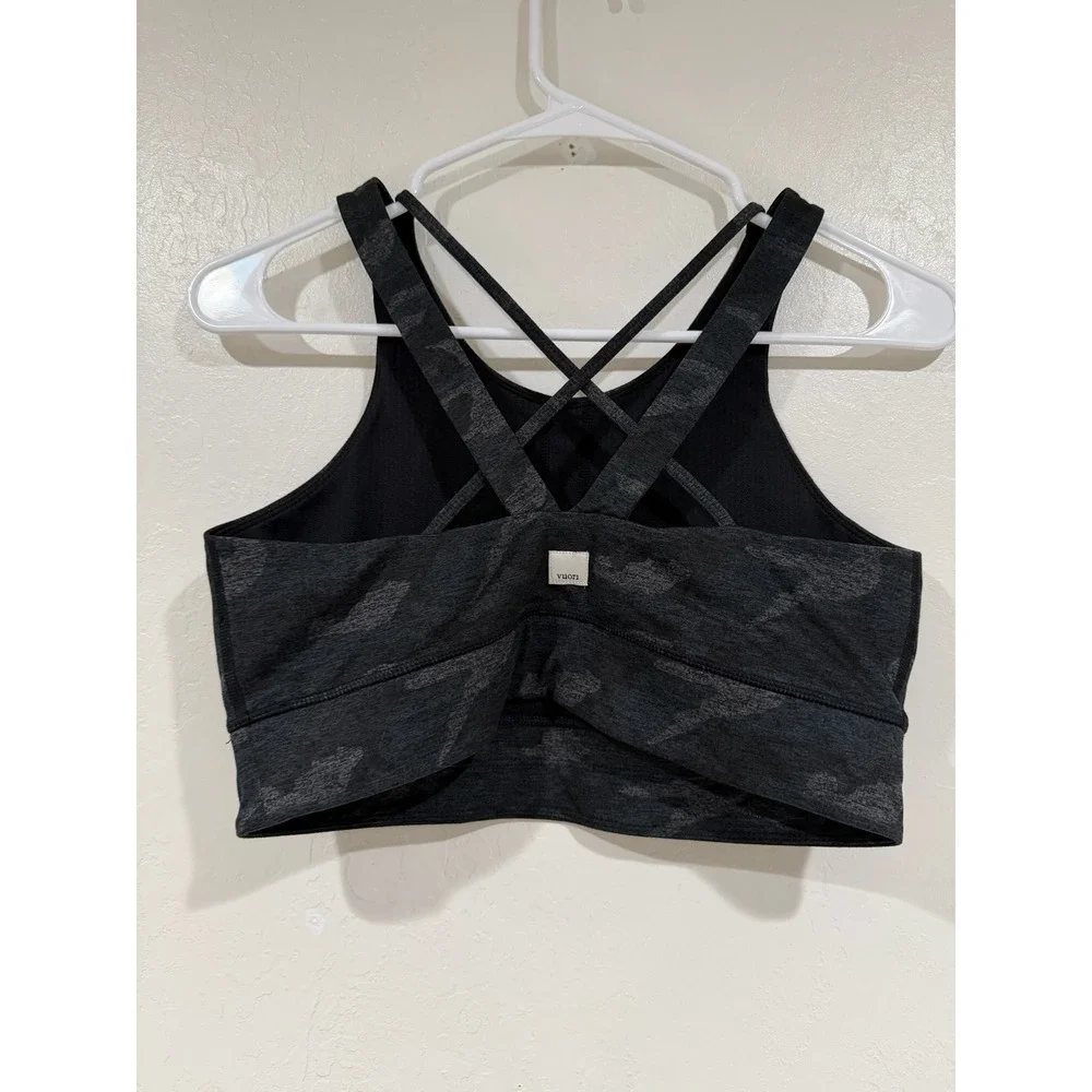 Vuori Elevate Bra Womens Small Charcoal Camo High Neck Strappy Back Sports Top